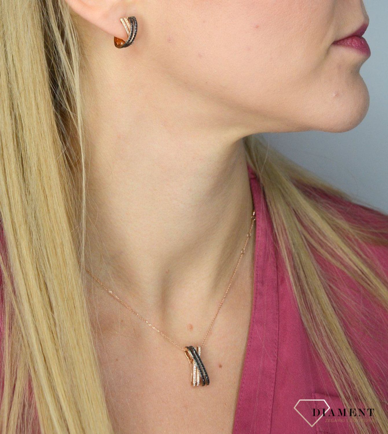 Złote kolczyki DIAMENT różowe złoto, białe i czarne diamenty 0660027070 HSI..jpg